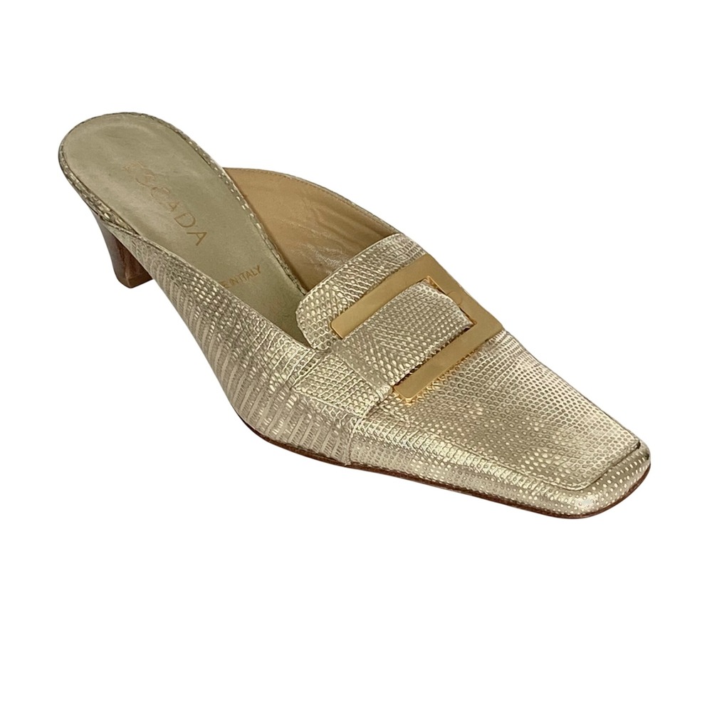 Escada Gold Snakeskin Embossed Leather Buckle Mules Square Toe Heels Italy 37.5